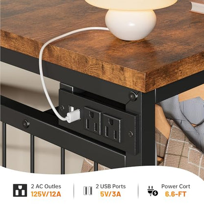 EnHomee 125cm W 드레서, 걸이용 랙 및 서랍 6개, 그리드 패널 및 후크 4개 포함 | LED 조명 및 충전 스테이션, 침실용 나무 상단 정리 유닛, 스틸 프레임이 있는 서랍장, 브라운 - color: 러스틱 브라운.