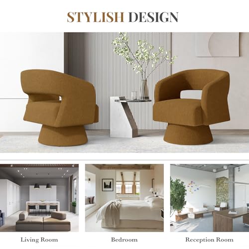 Luxanimarion Swivel Barrel Accent Chair,Oversized Teddy Upholstered Round Swivel Chair,Modern Luxury 360 Degree Living Room Vanity Chair for Bedroom Office,Browm,2PCS - color: Brown-teddy Fabric, size: Set of 2