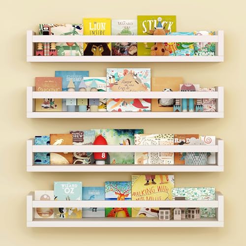 Onlysky Set of 4 Wall-Mounted Kid's Bookshelf - White Floating Nursery Book Shelves - Durable Wood Construction - Ideal for Nursery Decor, Kids Room, Toy Storage - color: White, size: 23 Inches