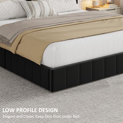 Garvee Queen Size Velvet Bed Frame with 4 Storage Drawers, Upholstered Platform Bed with Vertical Channel Tufted Adjustable Headboard, No Box Spring Needed, Easy Assembly, Black | Plush Velvet Comfort, Adjustable Tufted Headboard, Sturdy Slat Support, Qui