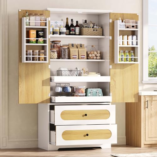 IRONCK 70" Kitchen Pantry Cabinet with Pull-Out Shelves, White | Pantry Storage Cabinet with 6 Door Organizers, 2 Drawers, Kitchen Storage for Kitchen, Dining Room,White & Natural