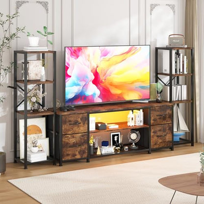 LED TV Stand Bookshelf Combo with Charging Station for 65 60 55 Inch TV, Entertainment Center with Lights & Drawers, Industrial Media TV Console Table for Living Room Bedroom Office, Rustic Brown - color: Rustic Brown