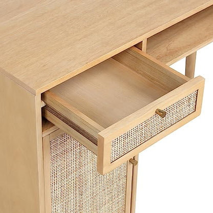 Nathan James Aaron Modern Desk with Storage, Natural Rattan Table with Square Webbing and Gold Accent Knobs, Natural Brown - color: Natural Brown