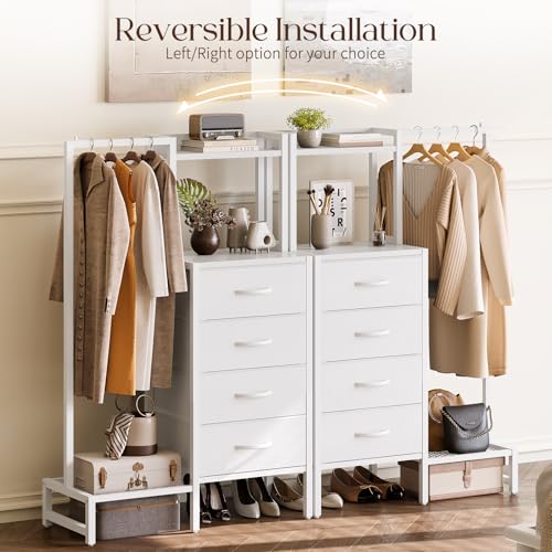 Yoobure White Dresser with Hanging Rack - Small Dresser for Bedroom with 4 Drawers, 44'H Chest of Drawers, Reversible Kids Dressers with Storage Shelf, Closet Dressers, Dorm Essentials, Sturdy Frame - color: White