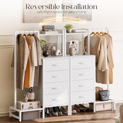 Yoobure White Dresser with Hanging Rack - Small Dresser for Bedroom with 4 Drawers, 44'H Chest of Drawers, Reversible Kids Dressers with Storage Shelf, Closet Dressers, Dorm Essentials, Sturdy Frame - color: White