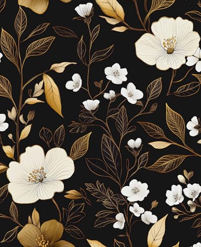 Retro Black Dark Golden Floral Peel and Stick Wallpaper 17.4" x 118" | Renter Friendly, Removable & Waterproof, Vinyl Easy Install for Bedrooms, Bathrooms, Kitchens, Cabinets and Home Decor - color: Black/White, size: 17.4" x 118"