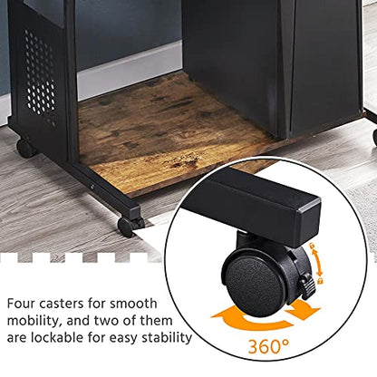 Yaheetech Small 3-Tier Rolling Computer Desk, Power Outlet, Rustic Brown | Engineered wood tiers and metal frame suit small spaces, holding a monitor, printer, and keyboard tray by a built-in outlet. - color: Rustic Brown