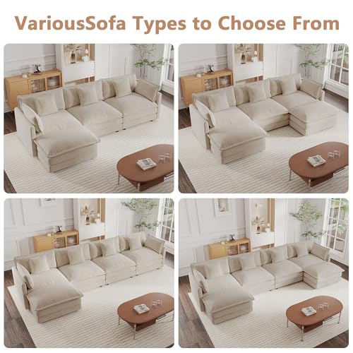 Modular Sectional Sofa, 111.5 Inch U Shaped Couch Set for Living Room, 3-Seater Comfy Cloud Couches with Movable Ottoman, DIY Combination, Chenille, Light Coffee - color: Light Coffee, size: 111.5 Inch- U