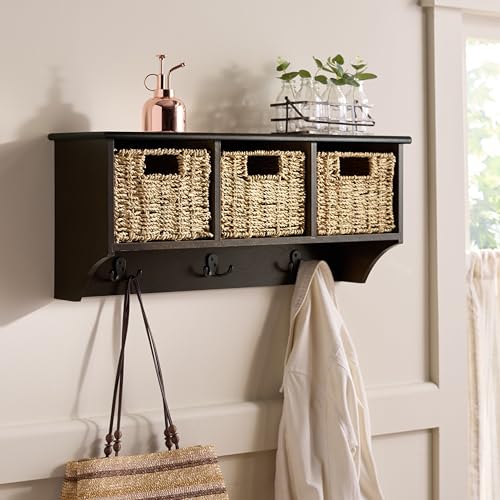 SAFAVIEH Home Collection - Finley Dark Chocolate Brown Wall Mounted 3-Basket Storage Rack with Hooks & Seagrass Baskets (HAC5700D) - color: Dark Chocolate