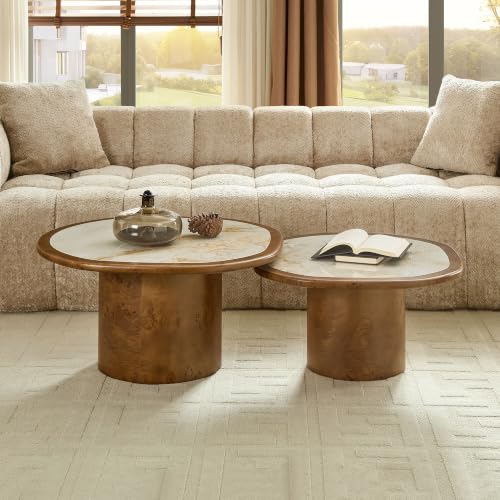 Nesting Coffee Table Set of 2 with Sintered Tabletop, Walnut | 29.13" & 23.38" Modern Irregular Kitchen Table, Burl Wood Veneer, Sturdy MDF Pedestal Base for living Room, Easy Assembly - color: 29.13" & 23.38", Walnut