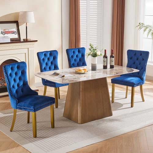 KEIKI Upholstered Velvet Dining Chair, Mid-Century Tufted Accent Seat | with Golden Solid Wood Legs Nailhead Trim 2-Pcs Set, for Dining Room Kitchen Room, Blue - color: Blue