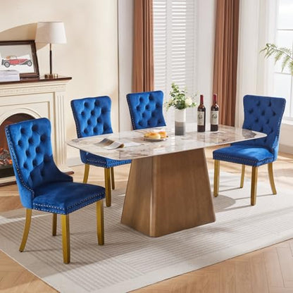 KEIKI Upholstered Velvet Dining Chair, Mid-Century Tufted Accent Seat | with Golden Solid Wood Legs Nailhead Trim 2-Pcs Set, for Dining Room Kitchen Room, Blue - color: Blue