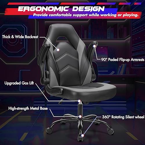 Sweetcrispy Computer Gaming Desk Chair - Ergonomic PU Leather with Comfy Lumbar Support, Height Adjustable Rolling Desk with Flip-up Armrests, for Home and Office - color: Grey