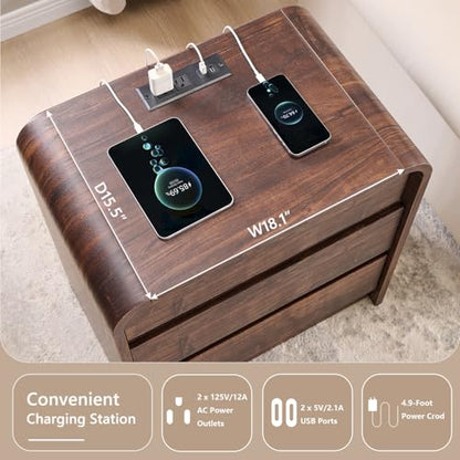Aitjunz 25" Tall Modern Nightstand with Charging Station, 23.6'' Wide Wood Bedside Table w/3 Storage Drawers, Small Dresser w/Curved Profile Design, End Table for Bedroom, Brown - color: Brown