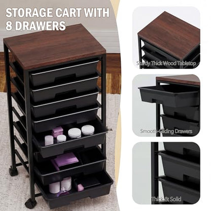 Rolling Cart with 8 Drawers, Storage Drawers Cart with Wooden Tabletop and Lockable Wheels, Craft Storage for Living Room, Office, Classroom, Craft Room, Bedroom (Black) - color: Black