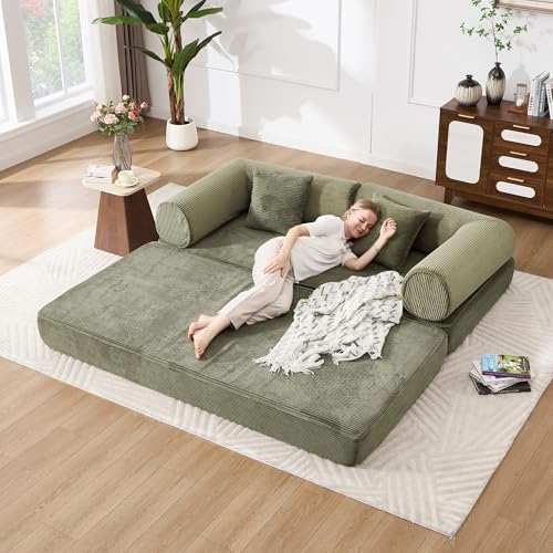 Tbfit 79'' Folding Boneless Couch, Oversized Corduroy Convertible Sofa Bed, Futon Mattress Sleeper Sofa, Comfy Foldable Upholstered Floor Couches for Living Room, Green - color: Green, size: 39.37'' Depth