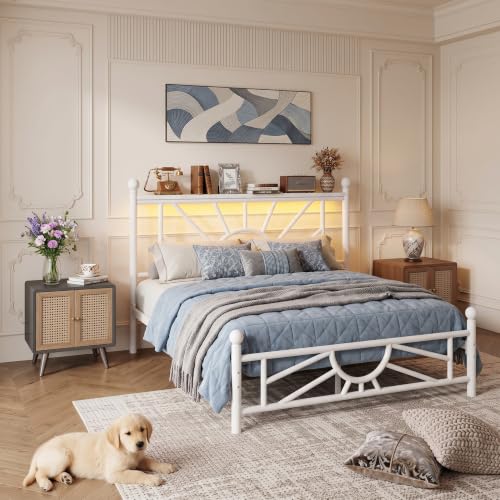 Homkdom Twin Metal Bed Frame with Victorian Headboard & Storage Shelf | Under-Bed Storage for Apartments, Slip Resistant, Scratch Resistant, No Box Spring Needed, Noise-free, Black - color: White, size: Twin