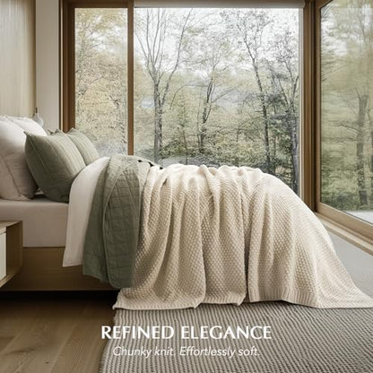 EVERGRACEHOME Chunky Chenille Knit Throw Blanket, 90 x 90, Beige | Sculpted Moss Stitch, Chic Modern Farmhouse, All-Season Warmth, OEKO-TEX® Certified, Oversized Queen for Couch, Bed, Sofa - color: Beige, size: 90" X 90"