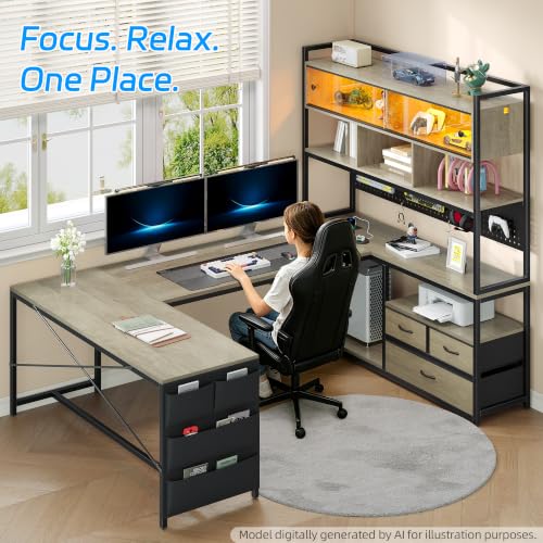 busyeah U-Shaped Gaming Desk with Storage Shelves & 3 Drawers, Oak Gray | Reversible Computer Desk with LED Lights & Charging Station, Gaming Desk with Hutch and Pegboard for Home Office, Gamers - color: Oak Gray