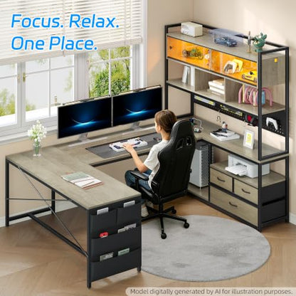 busyeah U-Shaped Gaming Desk with Storage Shelves & 3 Drawers, Oak Gray | Reversible Computer Desk with LED Lights & Charging Station, Gaming Desk with Hutch and Pegboard for Home Office, Gamers - color: Oak Gray
