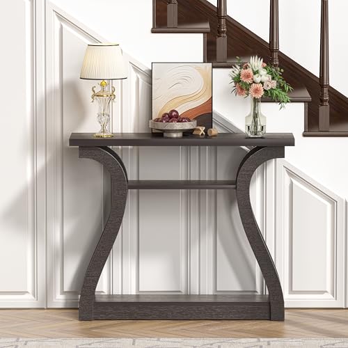 47" Narrow Console Table, Entry Table with Curved Legs, Sofa Table | Wood Console Table 3-tier Shelf Modern Accent Sofa Table for Entrance Area, Living room, Hallway (Brown) - color: Dark Brown
