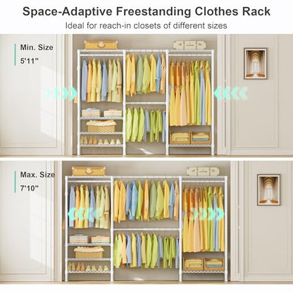 SEMHOR E06 Expandable Heavy Duty Clothes Rack for Reach-in Closet | Freestanding Clothing Racks with Shelves, Carbon Steel Closet Organizer System Adjustable 70.8-93.9", Max Load 800LBS, White - color: White