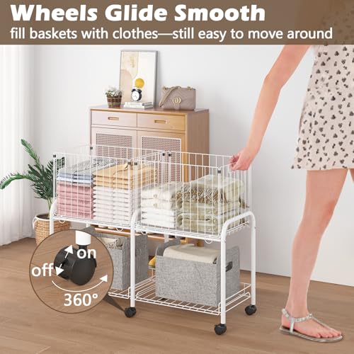 Rolling Laundry Cart with Wheels,76L Laundry Hamper Sorter Trolley with Extra Shelf,2 Removeable Collapsible Wire Storage Basket
