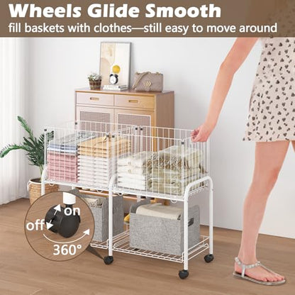 Rolling Laundry Cart with Wheels,76L Laundry Hamper Sorter Trolley with Extra Shelf,2 Removeable Collapsible Wire Storage Basket