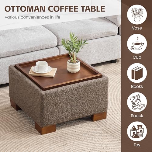 WUTUTUEE 24" Square Ottoman Coffee Table with Storage, Boucle Ottomans with Tray and Solid Wood Legs for Living Room, Bedroom and Apartments, Small Modern Ottoman Tea Table with Lift-Off Lid, Brown - color: 24'' Brown Boucle