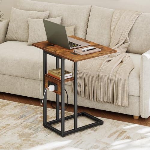 HOOBRO Foldable End Table, C Shaped Side Table with Charging Station, Sofa Couch Table that Slide Under for Living Room Bedroom Small Spaces, Easy Assembly, Rustic Brown and Black BF29USF01