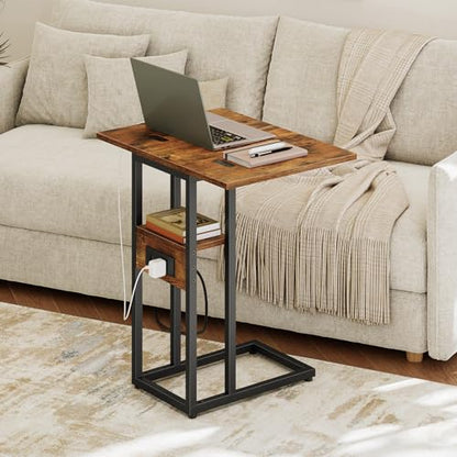HOOBRO Foldable End Table, C Shaped Side Table with Charging Station, Sofa Couch Table that Slide Under for Living Room Bedroom Small Spaces, Easy Assembly, Rustic Brown and Black BF29USF01