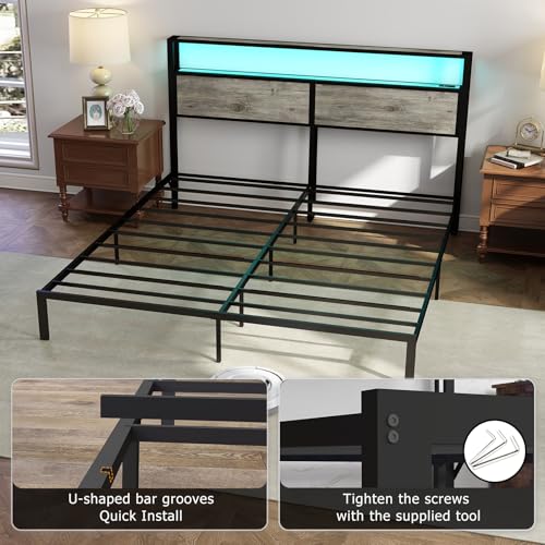 RVONOW King Size Bed Frame with 2-Tier Storage Headboard, Rustic Grey | Wooden headboard with LED lights, built-in charging station, No Box Spring Needed, Noise Free, Easy Assembly, Modern Bedroom - color: Rustic Grey, size: King