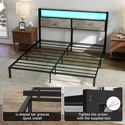 RVONOW King Size Bed Frame with 2-Tier Storage Headboard, Rustic Grey | Wooden headboard with LED lights, built-in charging station, No Box Spring Needed, Noise Free, Easy Assembly, Modern Bedroom - color: Rustic Grey, size: King