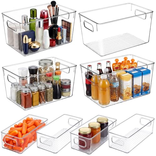 YKIOKE 8 Pack Clear Plastic Storage Bins with Handles, Stackable Organizer | BPA-Free, 4 Large & 4 Small Stackable Organizer Containers for Kitchen Cabinets, Countertops, Drinks, Fruits, Vegetables - size: 8-Pack