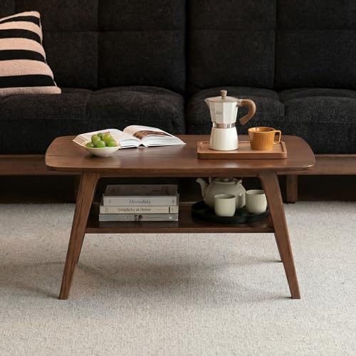 100% Solid Wood Coffee Table for Living Room, 31.5" Small Tables with Shelf Storage, Mid Century Modern Storage Coffee Table with Rounded Corners (Oak Wood Walnut Color) - color: Walnut, size: 31.5''l X 19.68''w X 17.32''h