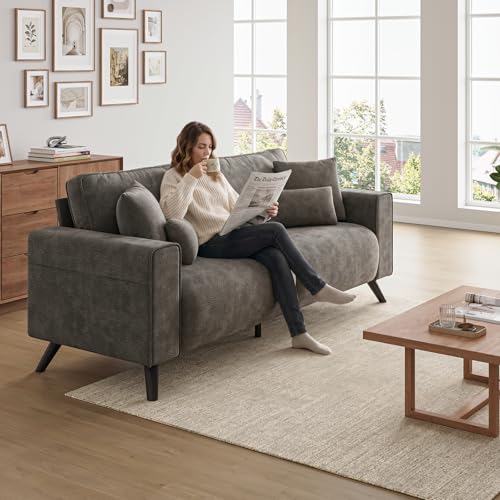 85" Loveseat Sofa, Chenille Couch with Deep Seat, Dark Grey | Clean-look modern couch with 4 pillows, hidden side pockets, easy assembly for living rooms, apartments, and offices - color: Dark Grey