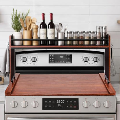 Spice Rack Shelf for Kitchen Stove, Over The Stove Shelf with 4 Hooks, Premium Wood & Metal Commbined Spice Rack Organizer Extra Storage Countertop (Walnut) - color: Walnut