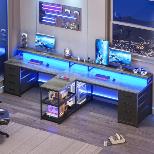SEDETA 94.5" 2 Person Gaming Desk with 8 Drawers & Storage Shelves, Grey | Double T Shaped Office Desk with LED Lights, Power Strip with USB & Monitor Stand for Home Office, Bedroom - color: Grey