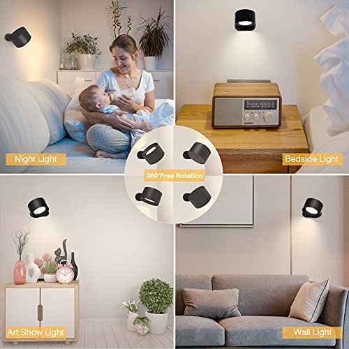 Koopala LED Reading Lights, Wall Mounted Sconces with 3 Color Temperatures & 3 Brightness Levels Rechargeable Battery Magnetic Ball 360°Rotation Touch Control, Lamps for Kids Study Bedside Closet - color: Black-A