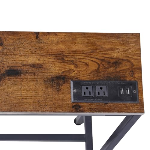 Nouva 70 Inch Narrow Console Table with Outlet, Sofa Table with Charging Station, Behind Couch Table with Metal Frame for Living Room, Rustic Brown
