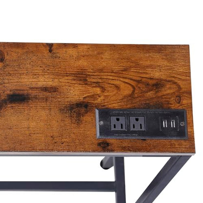 Nouva 70 Inch Narrow Console Table with Outlet, Sofa Table with Charging Station, Behind Couch Table with Metal Frame for Living Room, Rustic Brown