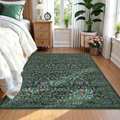 GarveeHome Floral Area Rugs 5x7, Washable Rug for Living Room, Bedroom, Low Pile Non Slip Stain Resistance Indoor Boho Carpet Mat for Farmhouse, Dining Room, Office, Dark Green - color: B.dark Green, size: 5' x 7' (Rectangular)