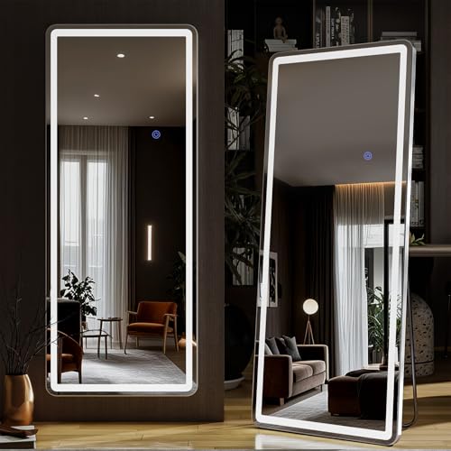 64"x21" LED Full Length Mirror, Standing Floor Body Mirror | Dimmable Lights 3 Color Modes – Adjustable Brightness, Wall-Mount or Leaning for Barber, Fitness Center, Dressing Room - size: 64"L x 21"W