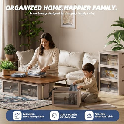 SAILUN 381Qt Extra Large Stackable Storage Bins Folding Collapsible Storage Bins with a Lid, Closet Organizers and Storage Blush White 28" W x 17" D x 46" H | Stackable Storage Drawers with Lids,28" W x 17" D x 46" H,Featuring open-front Access for Clothe