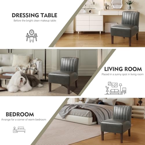 VIRRMO Armless Accent Chairs Set of 2 Upholstered Dining Chairs Living Room Chairs with Solid Wood Legs Bedroom Chair Leather Reading Chair Comfy Chair for Bedroom Vanity Kitchen (Grey) - color: Leather-grey