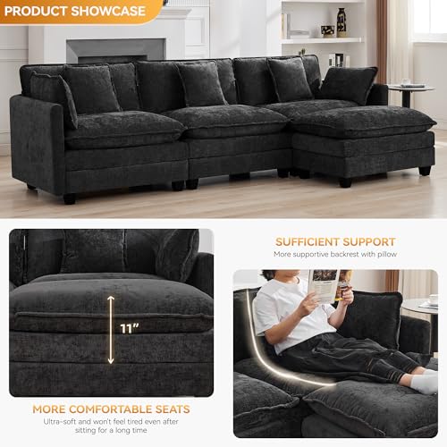 111'' Sectional Cloud Deep Seat Couch, Modern Comfy Chenille L Shaped Sectional Sofa for Living Room Set, Upholstered Modular 4-Seats Sofa Couch with 1 Movable Ottoman, Dark Grey - color: Dark Grey, size: 111'' L Shape