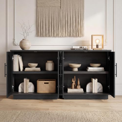 Fatmok Modular Entertainment Center & Buffet Cabinet, Extra Long Sideboard TV Stand with Arched Glass Doors, Modern Wooden Storage Cabinet for Living Room, Black Grey(DCCD,4-Piece) - color: Dccd-black Grey