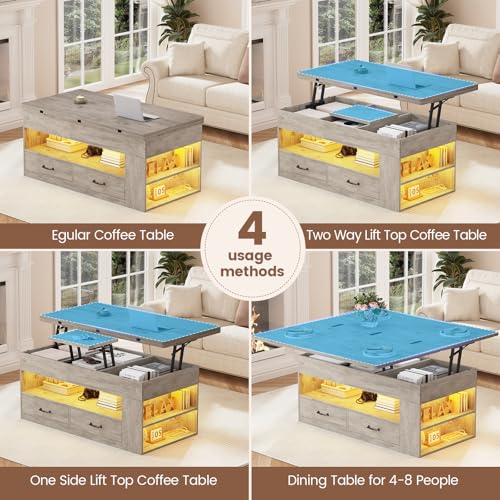 Itaar Lift Top Coffee Table, 4 in 1 Coffee Tables with Storage and Hidden Compartment, Farmhouse Coffee Table with 2 Fabric Drawers & LED Light for Living Room, Grey Oak - color: Grey Oak