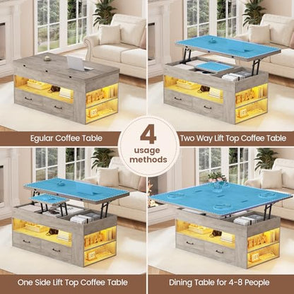 Itaar Lift Top Coffee Table, 4 in 1 Coffee Tables with Storage and Hidden Compartment, Farmhouse Coffee Table with 2 Fabric Drawers & LED Light for Living Room, Grey Oak - color: Grey Oak