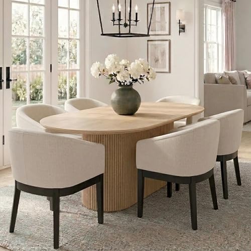 HNY Barrel Dining Chairs Set of 6, Mid Century Modern Upholstered Dining Chairs with Arms, Linen Kitchen & Dining Room Chairs, Solid Wood Frame Accent Chairs for Kitchen, Apartment, Cream - color: Cream,black Lges, size: 6 Chairs